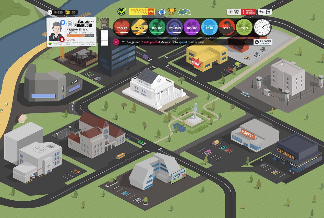 Armaldia — isometric city view with the player UI band above it