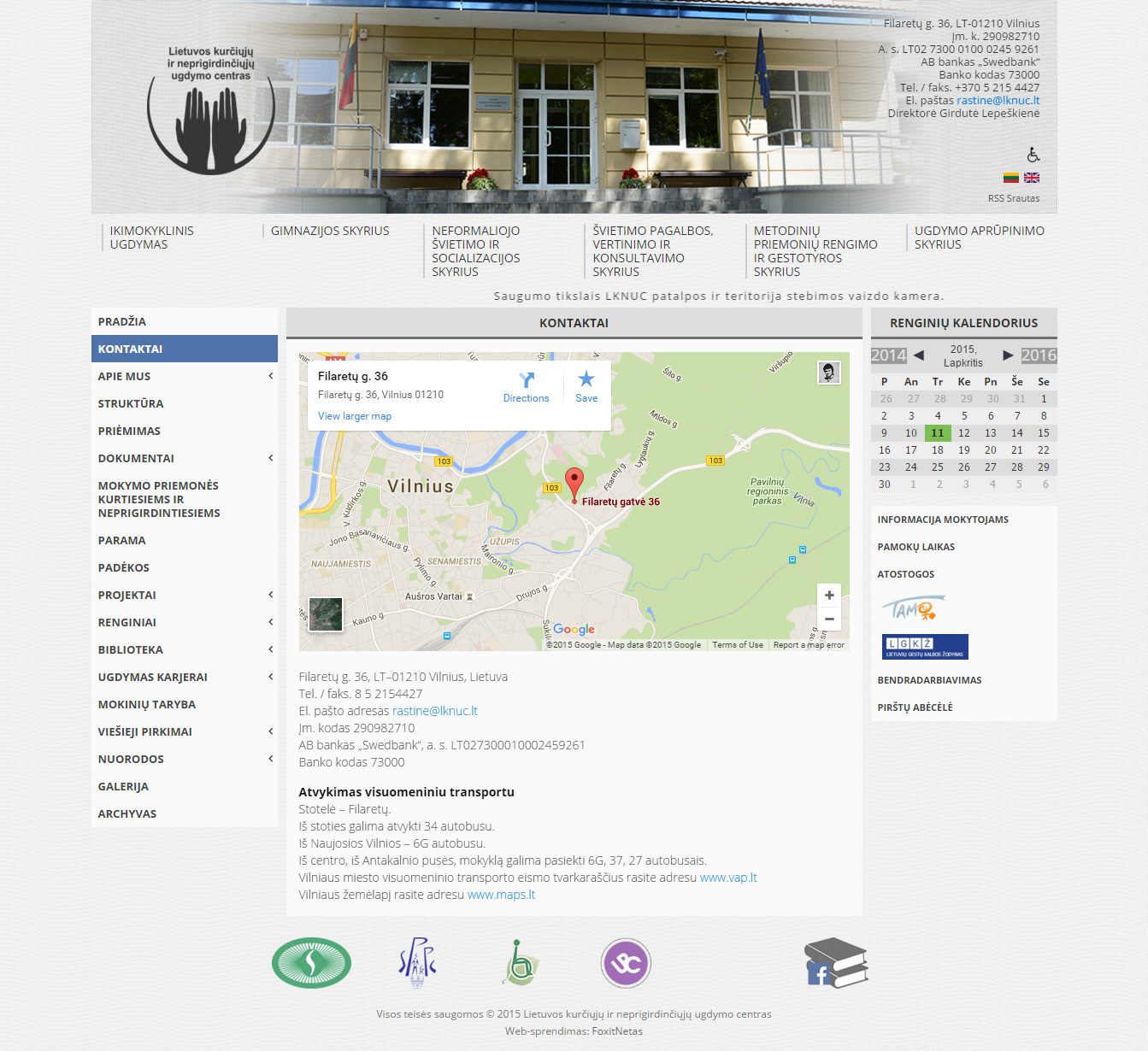 DeafCenter — contacts page with section navigation and events calendar